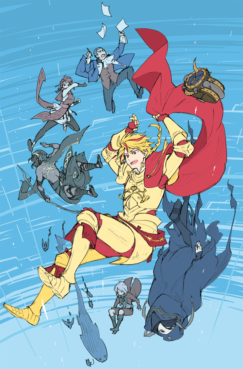 alcides_(fate) alexandre_dumas_(fate) armor blonde_hair bob_cut braid falling fate/strange_fake fate_(series) francois_prelati_(fate) gold_armor heracles_(fate) highres hippolyta_(fate) isshoku_(shiki) jack_the_ripper_(fate/strange_fake) mouse_(animal) multicolored_hair no_name_assassin_(fate) pale_rider_(fate) richard_i_(fate) single_braid streaked_hair