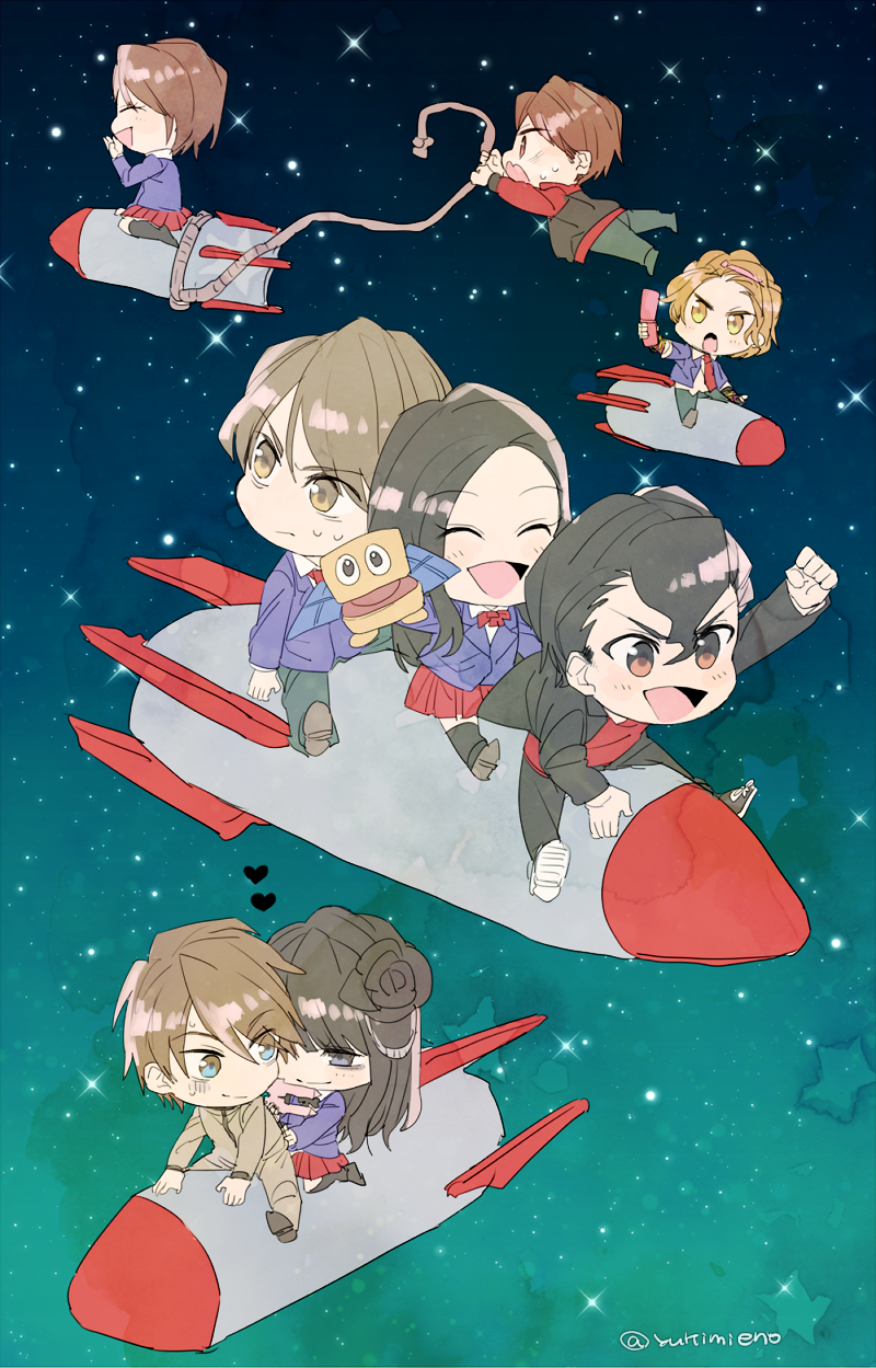 3girls 5boys black_hair brown_eyes brown_hair daimonji_shun eno_yukimi closed_eyes highres jk_(kamen_rider_fourze) joujima_yuuki kamen_rider kamen_rider_fourze_(series) kazashiro_miu kisaragi_gentarou long_hair multiple_boys multiple_girls nozama_tomoko red_eyes rocket sakuta_ryuusei school_uniform short_hair smile utahoshi_kengo yellow_eyes