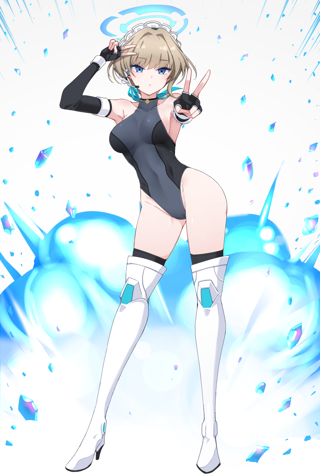 1girl black_gloves black_leotard blonde_hair blue_archive blue_eyes boots braid bun_cover commentary_request double_v elbow_gloves explosion fingerless_gloves gloves heattech_leotard highleg highleg_leotard highres leotard maid_headdress multicolored_hair multicolored_leotard mutou_kurihito sleeveless_turtleneck_leotard solo streaked_hair thighhighs toki_(blue_archive) turtleneck two-tone_leotard v white_boots white_thighhighs
