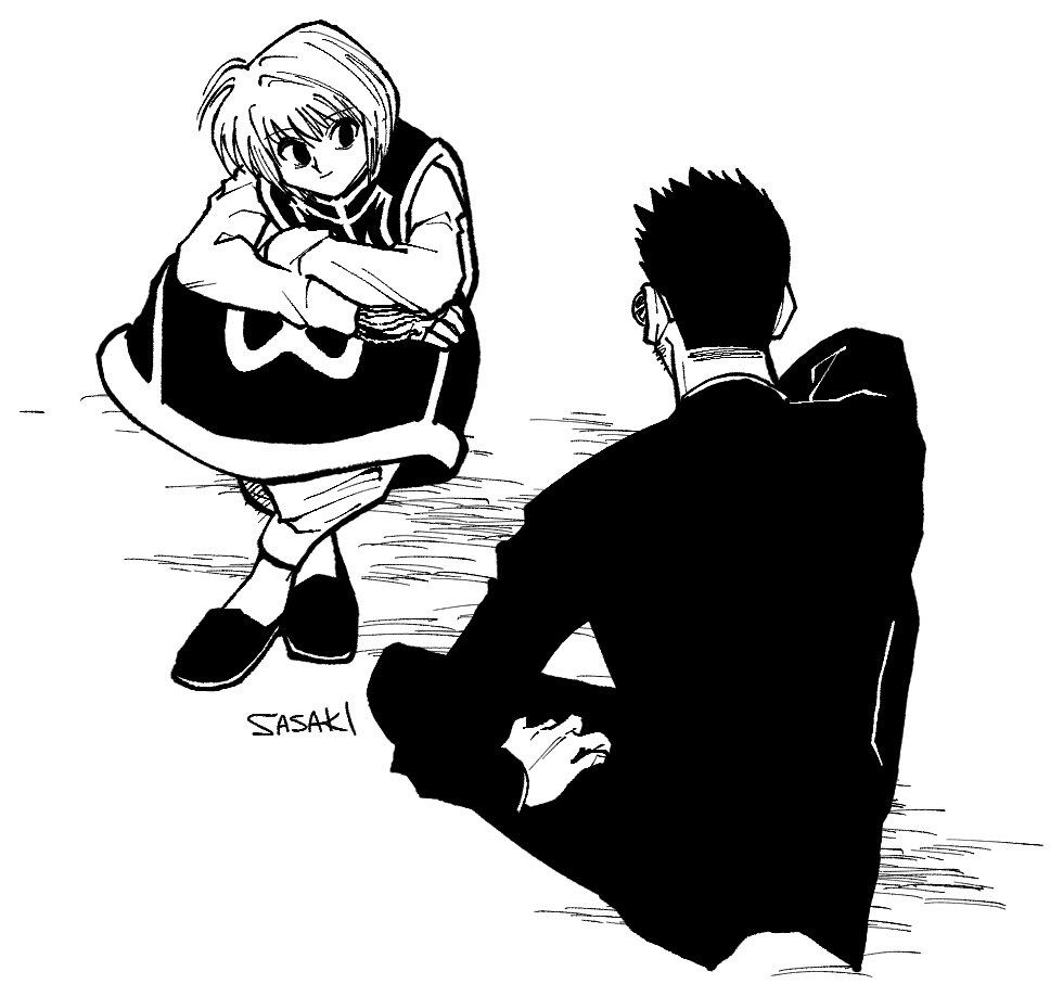 2boys black_hair black_shoes black_suit chain formal_clothes full_body greyscale hunter_x_hunter jewelry kurapika leorio_paladiknight long_sleeves looking_at_another male_focus monochrome multiple_boys ring sasaki_koguma shoes short_hair simple_background sitting smile spiked_hair suit tabard white_background