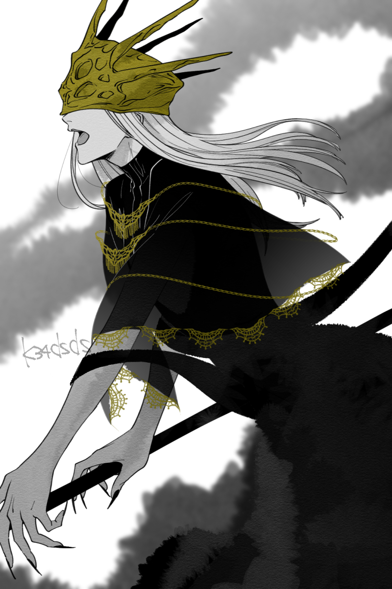 1boy aldrich_devourer_of_gods black_dress covered_eyes dark_souls_(series) dark_souls_iii dress fingernails gold_headwear helmet helmet_over_eyes highres holding holding_weapon hooded_robe k34dsds long_arms long_fingernails long_hair male_focus robe signature simple_background solo spiked_helmet tail weapon white_background