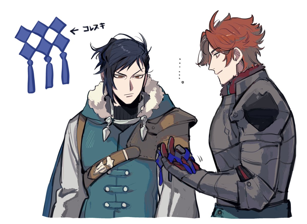 ... 2boys :/ aqua_cape aqua_tunic armor black_shirt blue_hair breastplate brown_straps c4vknggjci51182 cape cape_clasp chest_strap clasp closed_mouth collared_shirt commentary dark_blue_hair felix_hugo_fraldarius fire_emblem fire_emblem:_three_houses fur-trimmed_hood fur_trim gauntlets hood layered_clothes leather_armor long_sleeves looking_at_hand male_focus multiple_boys nintendo orange_eyes pauldrons red_fur red_hair shirt shoulder_armor single_hair_intake single_pauldron smile sylvain_jose_gautier tassel translation_request tunic turtleneck undershirt white_fur white_shirt