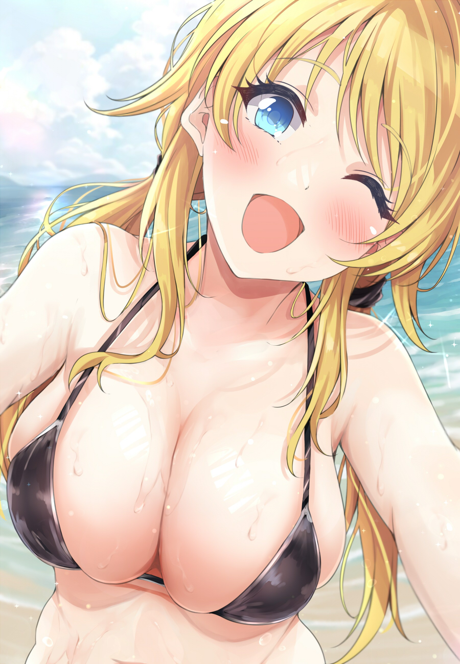 1girl ;d beach bikini black_bikini blonde_hair blue_eyes blush breasts cleavage collarbone hachimiya_meguru halterneck highres hitotsuki_nanoka idolmaster idolmaster_shiny_colors large_breasts looking_at_viewer one_eye_closed open_mouth outdoors skindentation smile solo string_bikini swimsuit twintails upper_body water_drop