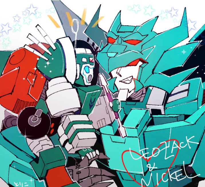 1boy 1girl beaters_g0416 blue_eyes decepticon helmet humanoid_robot insignia jetpack leozack mecha nickel_(transformers) red_eyes robot robot_girl science_fiction size_difference the_transformers_(idw) transformers wheel