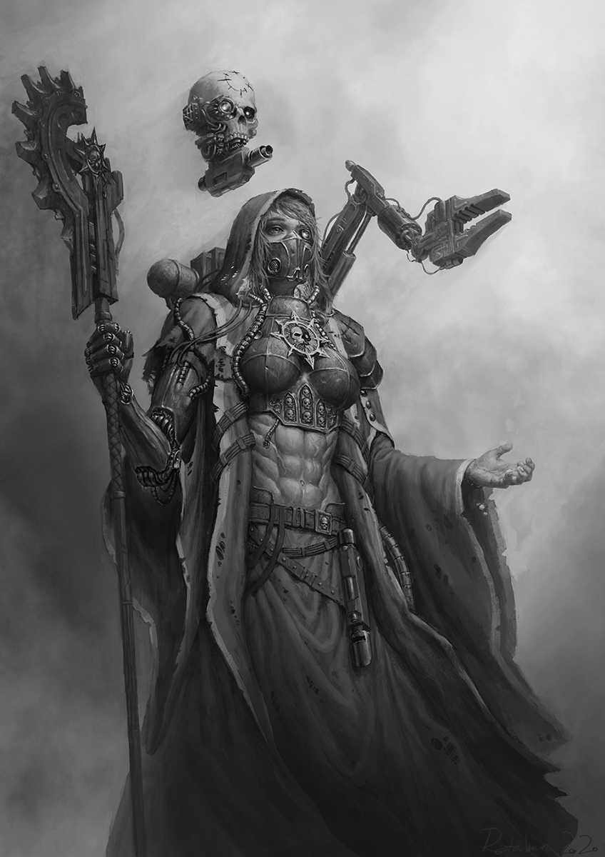 1girl abs adeptus_mechanicus backpack bag chain_axe cyborg greyscale halberd highres mask midriff monochrome mouth_mask polearm prosthesis prosthetic_arm robe rotaken servo-skull solo techpriest toned warhammer_40k weapon
