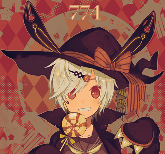 1bitheart 1boy alternate_costume animal_ears black_cloak blush cloak facial_mark fake_animal_ears grey_shirt halloween hat long_sleeves male_focus miwasiba nanase_yoshi numbered rabbit_ears red_background red_eyes shirt smile solo star_(symbol) star_facial_mark teeth white_hair witch_hat