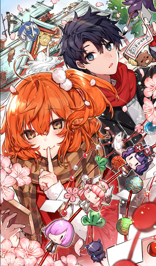 3boys 3girls ahoge animal architecture armor armored_dress arms_up ball bird black_hair black_jacket blonde_hair blue_dress blue_eyes blush boar brown_scarf character_doll chinese_zodiac circe_(fate) closed_mouth commentary day diarmuid_ua_duibhne_(fate) diarmuid_ua_duibhne_(lancer)_(fate) diffraction_spikes dress dual_wielding dutch_angle ema english_text excalibur_(fate/stay_night) fate/grand_order fate_(series) faulds finger_to_mouth fionn_mac_cumhaill_(fate/grand_order) fish flower flower_request gae_buidhe_(fate) gae_dearg_(fate) grey_shirt hair_bobbles hair_ornament hanagata holding holding_ema holding_omikuji holding_paintbrush holding_paper jacket katsushika_hokusai_(fate) light_rays long_hair long_sleeves looking_at_viewer lying mash_kyrielight medium_hair multiple_boys multiple_girls new_year official_alternate_costume official_art omikuji on_back one_side_up orange_eyes orange_hair orion_(bear)_(fate) outdoors paintbrush paper parted_lips pink_flower red_scarf scarf shirt short_hair smile sparkle stuffed_animal stuffed_toy sunbeam sunlight teddy_bear temari_ball tentacle_hold third-party_source tokitarou_(fate) tree two-handed white_hair white_shirt wind year_of_the_pig