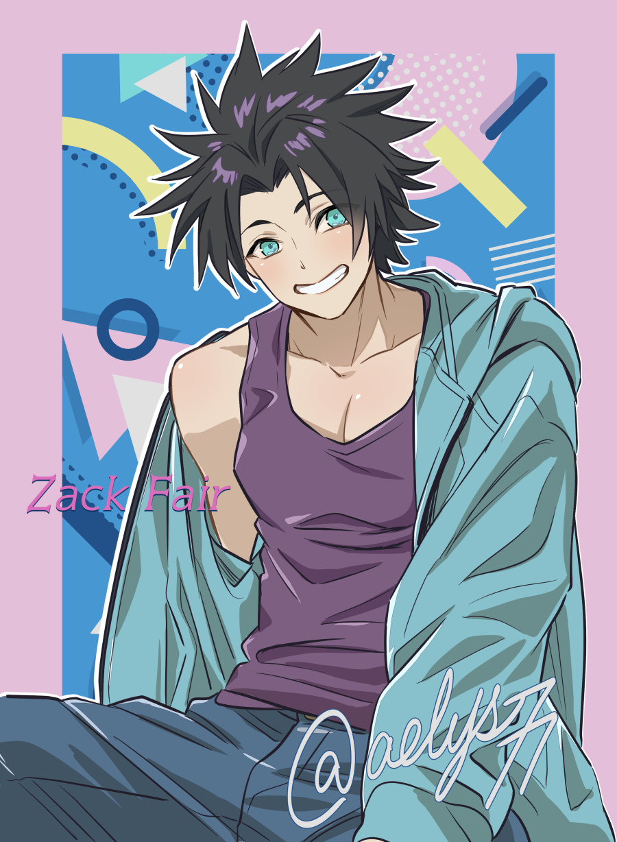 1boy aelys77 aqua_eyes aqua_jacket black_hair blue_pants border character_name collarbone final_fantasy final_fantasy_vii final_fantasy_vii_ever_crisis grin highres jacket jacket_partially_removed looking_at_viewer male_focus pants parted_bangs purple_border purple_tank_top short_hair single_bare_shoulder smile spiked_hair tank_top teeth twitter_username upper_body zack_fair
