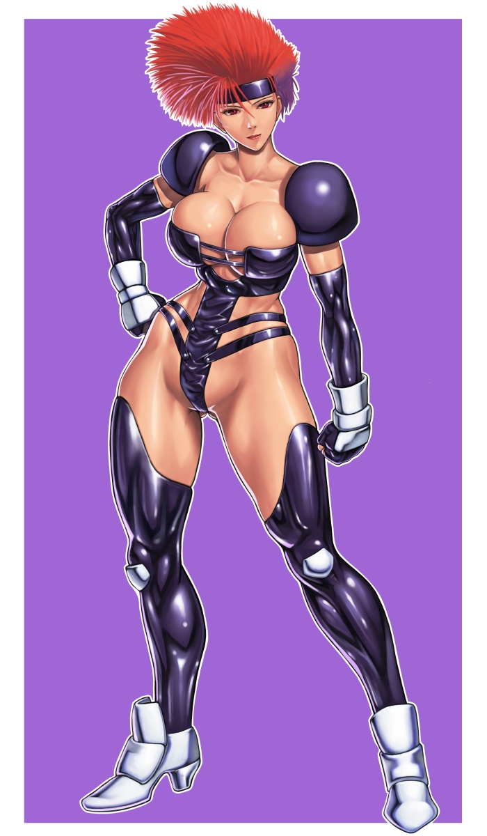 1girl border breasts commentary fingerless_gloves galaxy_fight gloves highres juri_(galaxy_fight) large_breasts purple_background red_hair shinonome_(game_hakkutsu_tai) solo tall_hair toned toned_female white_border