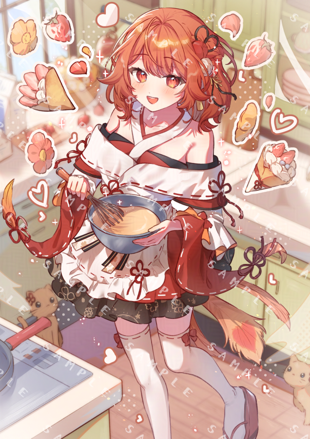 1girl :d bare_shoulders blush bowl cat commission crepe food foot_out_of_frame fruit hinotori_mera holding holding_bowl holding_whisk indoors japanese_clothes kimono kitchen long_sleeves looking_at_viewer missing_commentary open_mouth propro_production red_eyes red_hair red_sandals ribbon-trimmed_sleeves ribbon-trimmed_thighhighs ribbon_trim sample_watermark sandals short_hair skeb_commission smile solo standing standing_on_one_leg strawberry thighhighs tsukumi_bis virtual_youtuber watermark whisk white_kimono white_thighhighs wide_sleeves wooden_floor