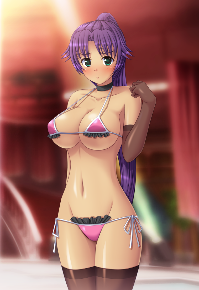 1girl asuka_(dream_c_club_zero) bikini breasts dark-skinned_female dark_skin dream_c_club dream_c_club_(series) dream_c_club_zero elbow_gloves gloves green_eyes large_breasts long_hair micro_bikini nak_yama ponytail purple_hair side-tie_bikini_bottom string_bikini swimsuit thighhighs