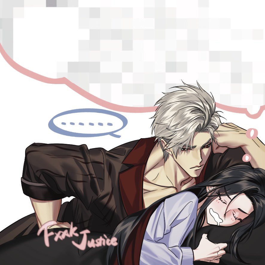 ... 1boy 1girl black_hair blanket blush censored chinese_commentary collarbone commentary_request drooling frown grey_hair love_and_deepspace mosaic_censoring open_mouth protagonist_(love_and_deepspace) shinkaifuyuki sleeping spoken_ellipsis sylus_(love_and_deepspace) wavy_eyes