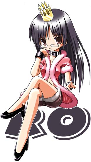 1girl 2000s_(style) black-framed_eyewear black_hair blush_stickers breasts brown_eyes brown_shorts chibi chibi_only commentary_request copyright_name crossed_legs crown full_body fur-trimmed_shirt fur-trimmed_shorts fur_trim glasses invisible_chair long_hair looking_at_viewer medium_breasts navel open_mouth pink_shirt ragnarok_online raised_eyebrow rectangular_eyewear rogue_(ragnarok_online) shirt short_sleeves shorts simple_background single_blush_sticker sitting solo tako_(all_delete) white_background