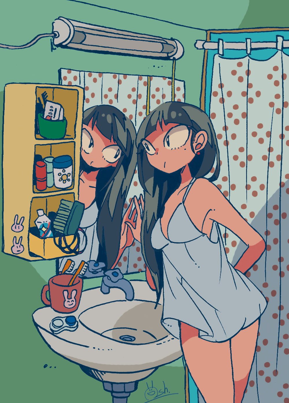 1girl animal_print armpit_crease black_eyes black_hair blue_nightgown breasts cabinet contact_lens_case cup highres indoors kanekoshake looking_at_mirror looking_at_self medium_breasts mirror nightgown original rabbit_print second-party_source shampoo_bottle shower_curtain sink toothbrush