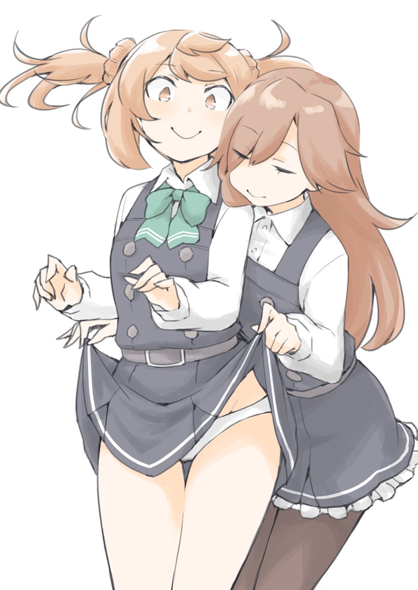 akara_kai arashio_(kancolle) arashio_kai_ni_(kancolle) black_dress black_pantyhose blush bow bowtie brown_eyes brown_hair closed_eyes cowboy_shot double_bun dress embarrassed frilled_dress frills hair_bun hair_ornament highres kantai_collection lifted_from_behind long_hair long_sleeves michishio_(kancolle) michishio_kai_ni_(kancolle) panties pantyhose pinafore_dress school_uniform shirt short_hair short_twintails sleeveless sleeveless_dress smile twintails underwear white_background white_panties white_shirt