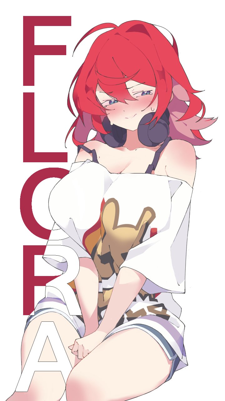 1girl ahoge armpit_crease averting_eyes bare_shoulders blush breasts character_name cleavage commentary dolphin_shorts english_commentary flora_(stella_sora) foot_out_of_frame frown grey_shorts headphones headphones_around_neck highres large_breasts long_hair nose_blush off-shoulder_shirt off_shoulder official_alternate_costume oversized_clothes oversized_shirt red_hair shirt short_shorts shorts simple_background sitting solo stella_sora stilltiredngl strap_slip three-quarter_sleeves v-shaped_eyebrows white_background white_shirt