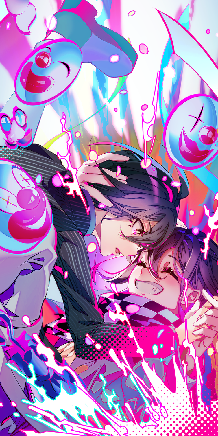 2boys ahoge black_hair checkered_clothes checkered_scarf closed_eyes clown_mask commentary danganronpa_(series) danganronpa_v3:_killing_harmony falling flipped_hair from_side grin hair_between_eyes hand_in_another&#039;s_hair highres holding_hands jacket liquid long_sleeves lower_eyelashes_only male_focus mask medium_hair multiple_boys nota_sayaka oma_kokichi profile purple_hair saihara_shuichi scarf short_hair smile splashing surprised teeth yaoi yellow_eyes