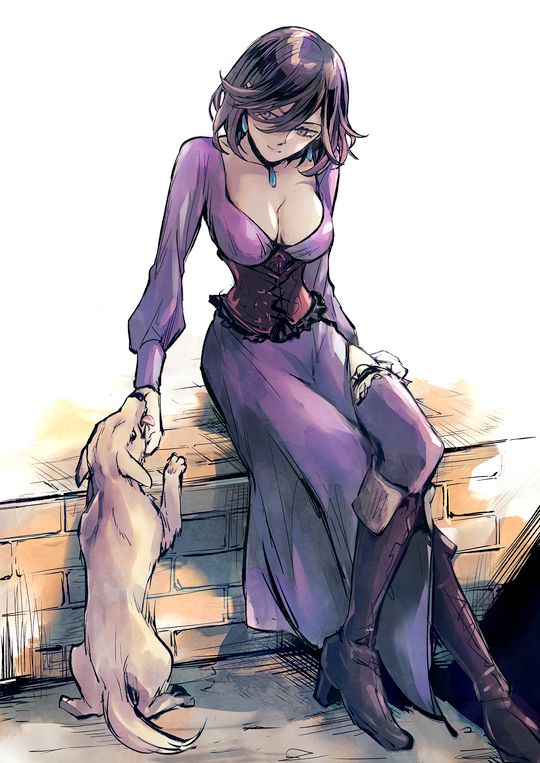 1girl black_hair boots breasts cleavage closed_mouth dog dress earrings full_body grel_(r6hgvu5) hair_between_eyes jewelry octopath_traveler octopath_traveler_ii purple_dress short_hair smile throne_anguis