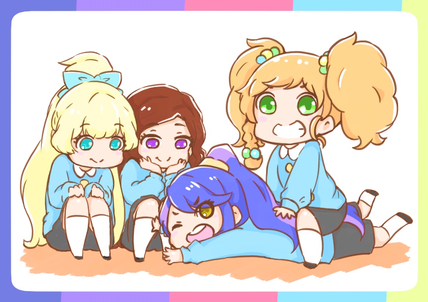 4girls aikatsu!_(series) aikatsu_stars! black_footwear black_skirt blonde_hair blue_bow blue_eyes blue_shirt bow brown_hair closed_mouth collared_shirt commentary_request grin hair_bow kasumi_yozora kindergarten_uniform kisaragi_tsubasa knees_up light_brown_hair long_sleeves looking_at_viewer lying multiple_girls nikaido_yuzu nozo_(hitomiz) on_stomach one_eye_closed open_mouth ponytail puffy_long_sleeves puffy_sleeves purple_eyes purple_hair shiratori_hime shirt shoes sitting sitting_on_person skirt smile socks teeth twintails upper_teeth_only white_legwear