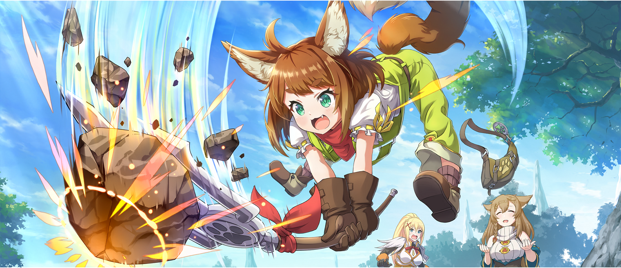 3girls :3 ahoge amy_(konosuba) animal_ear_fluff animal_ears bandana bandana_around_neck belt blonde_hair blue_eyes blue_sky boobplate braid braided_sidelock breastplate breasts brown_belt brown_gloves brown_hair brown_socks child closed_eyes cloud cloudy_sky darkness_(konosuba) day double-parted_bangs droopy_ears fang game_cg gloves green_eyes green_overalls hair_between_eyes hair_ornament highres holding holding_pitchfork holding_polearm holding_weapon jumping kono_subarashii_sekai_ni_shukufuku_wo! konosuba!_fantastic_days large_breasts long_hair looking_at_another medium_hair miia_(konosuba) multiple_girls official_art open_mouth outdoors overalls pitchfork polearm ponytail ponytail_with_braided_base red_bandana ribbon ribbon-trimmed_sleeves ribbon_trim shirt short_sleeves sidelocks sky sleeveless sleeveless_sweater socks sweater swept_bangs tail tree very_long_hair weapon white_shirt white_sweater x_hair_ornament yellow_ribbon
