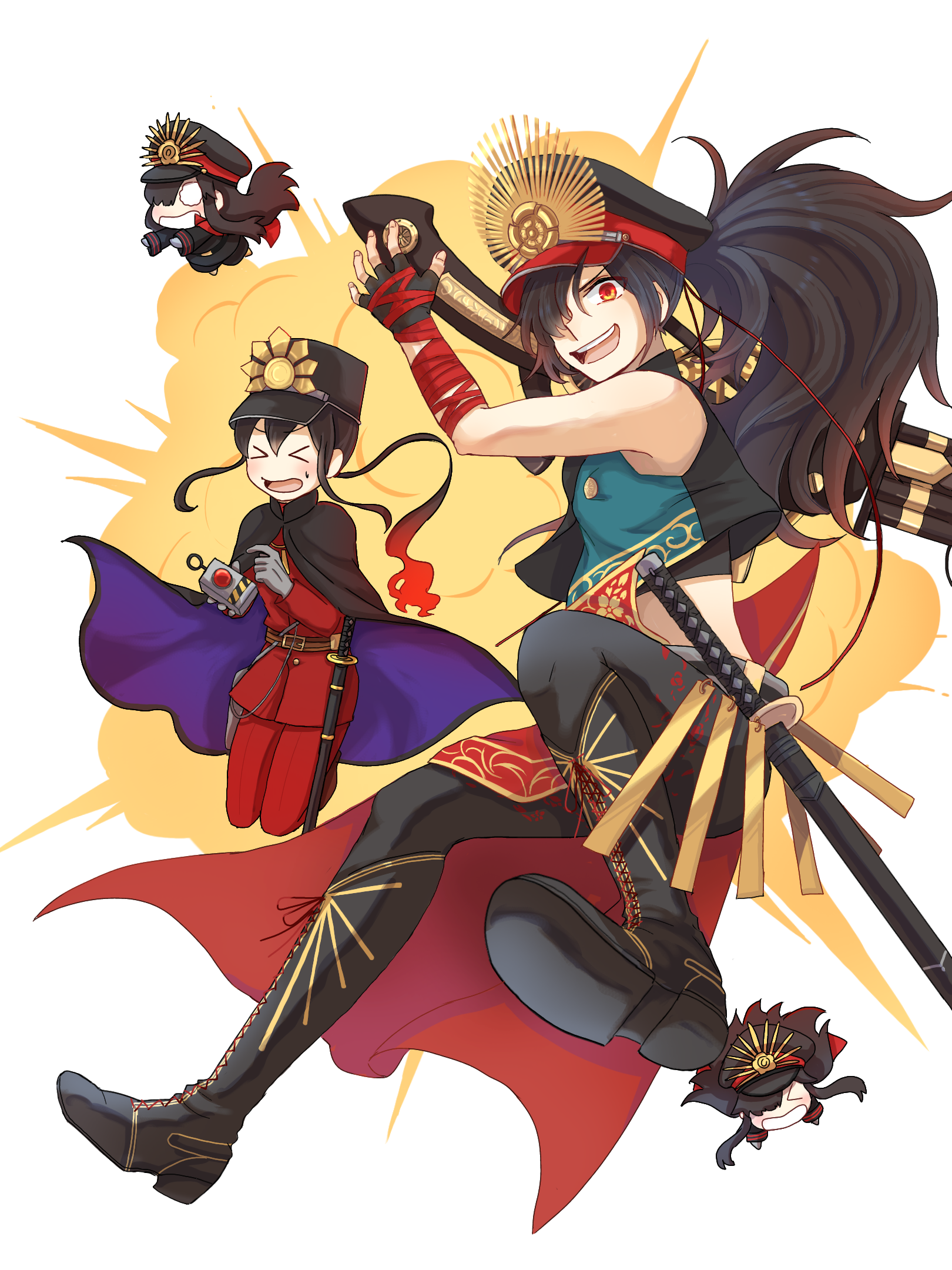 >_< 2boys :d armpit_peek big_hair black_cape black_footwear black_gloves black_jacket black_pants blank_eyes boots cape crest cross-laced_footwear explosion family_crest fate/grand_order fate_(series) fiery_hair fingerless_gloves floating_cape floating_hair furrowed_brow gloves hair_between_eyes hair_over_one_eye hat high_collar highres jacket katana kepi knee_up legs_up lone_nape_hair long_hair long_sleeves low_ponytail midriff_peek military_hat military_uniform mini_nobu_(fate) multiple_boys oda_kippoushi_(fate) oda_nobukatsu_(fate) oda_nobunaga_(fate) oda_uri one_eye_covered open_mouth pants papico0154 peaked_cap ponytail red_jacket red_pants sheath sheathed shoe_soles sidelocks sleeveless smile sweatdrop sword teeth upper_teeth_only v-shaped_eyebrows wavy_eyes weapon white_background wrist_wrap