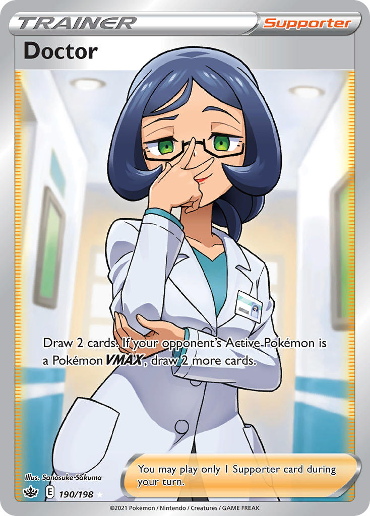 1girl adjusting_eyewear artist_name blue_hair card_(medium) ceiling_light character_name closed_mouth company_name copyright_name copyright_notice creatures_(company) doctor doctor_(pokemon) english_text eyelashes game_freak glasses green_eyes hand_on_eyewear hand_on_own_elbow indoors jacket long_sleeves medium_hair name_tag nintendo official_art pokemon pokemon_card pokemon_swsh pokemon_tcg red_lips sakuma_sanosuke smile solo third-party_source trading_card white_jacket