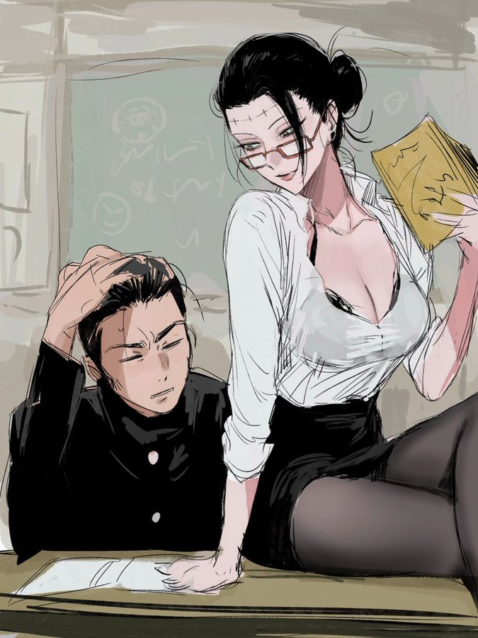 1boy 1girl black_hair book breasts chalkboard cleavage desk fallsoki gakuran genderswap genderswap_(mtf) getou_suguru getou_suguru_(kenjaku) glasses hair_bun holding holding_book jujutsu_kaisen kenjaku leggings looking_at_another on_desk possessed possession school_uniform shirt sitting stitches takaba_fumihiko teacher_and_student white_shirt