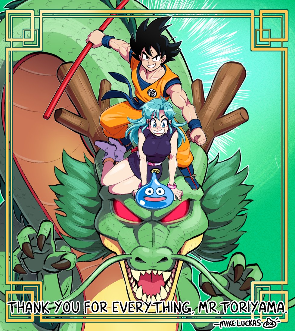 1boy 1girl 1other aqua_hair artist_name black_dress black_eyes black_hair blue_eyes boots breasts bulma claws clenched_hand clenched_teeth commentary crossover dougi dragon dragon_ball dragon_quest dragonball_z dress english_commentary english_text fighting_stance glowing glowing_eyes grin long_hair medium_breasts mike_luckas muscular muscular_male ruyi_jingu_bang shenron_(dragon_ball) sitting slime_(dragon_quest) smile son_goku spiked_hair teeth white_footwear yokozuwari