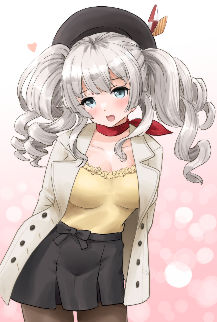 1girl beret black_hat black_pantyhose black_skirt blue_eyes blush breasts buttons camisole cleavage collarbone cowboy_shot double-breasted drill_hair gradient_background grey_hair hat jacket kantai_collection kashima_(kancolle) kashima_(mitsukoshi)_(kancolle) kitagawa_mikio large_breasts long_hair looking_at_viewer neckerchief open_clothes open_jacket open_mouth pantyhose pink_background red_neckerchief skirt solo twin_drills white_jacket yellow_camisole