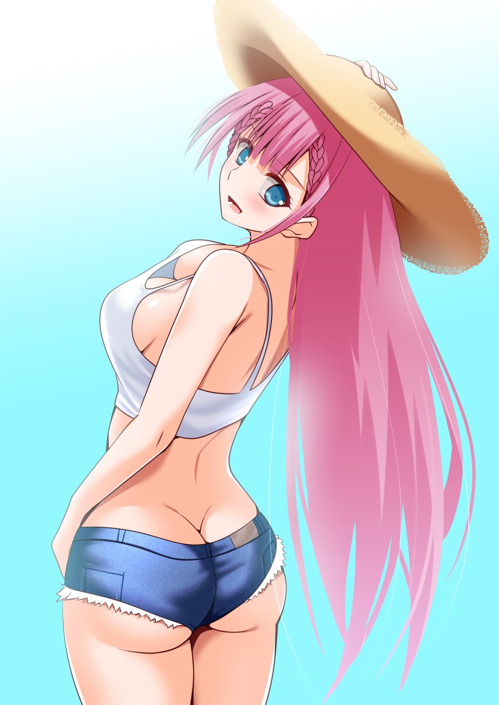 1girl aqua_eyes arm_up ass back bare_back bare_shoulders bokutachi_wa_benkyou_ga_dekinai braid breasts butt_crack camisole cleavage hat kirisu_mafuyu looking_at_viewer looking_back midriff shiny_clothes shiny_skin short_shorts shorts sideboob sky smile solo straw_hat tank_top thighs