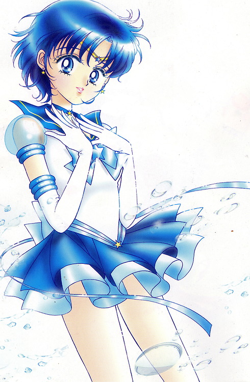 1990s_(style) 1girl bishoujo_senshi_sailor_moon bishoujo_senshi_sailor_moon_stars blue_eyes blue_hair blue_sailor_collar blue_skirt blue_theme bow brooch choker earrings elbow_gloves female_focus gloves jewelry leotard light_smile looking_at_viewer magical_girl matching_hair/eyes miniskirt mizuno_ami official_art pleated_skirt pretty_guardian_sailor_moon retro_artstyle ribbon sailor_collar sailor_mercury short_hair skirt smile solo star_brooch super_sailor_mercury_(stars) takeuchi_naoko tiara water white_background white_gloves