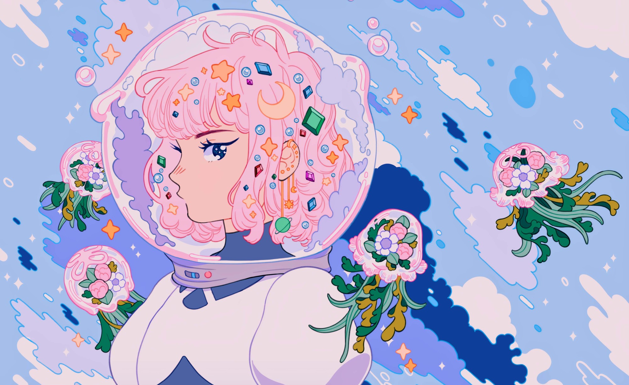 1girl animal astronaut blue_clouds blue_eyes blue_gemstone blue_sky bubble closed_mouth cloud cloudy_sky commentary crescent crescent_earrings crescent_hair_ornament day earrings english_commentary fish flower flying_fish gem gem_hair_ornament gold_earrings green_gemstone hair_ornament helmet highres jellyfish jewelry leaf long_eyelashes long_sleeves looking_at_viewer meyoco multiple_piercings original outdoors pastel_colors pearl_(gemstone) pink_flower pink_hair planet_earrings plant purple_gemstone red_gemstone saturn_(planet) short_hair sky solo space_helmet sparkle star_(symbol) star_earrings surreal too_many_hair_ornaments white_flower