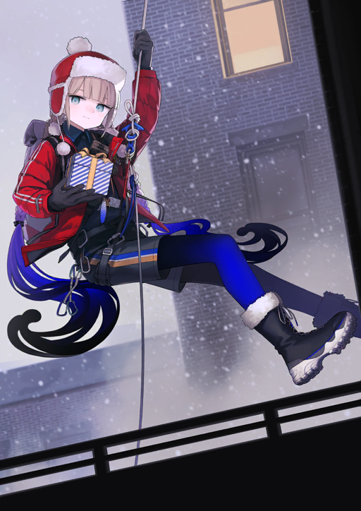 1boy androgynous arm_up astg backpack bag belt black_boots black_gloves black_pantyhose black_shorts blue_hair blue_pantyhose blue_shirt blunt_bangs boots braid braided_twintails brown_hair buttons captain_nemo_(fate) captain_nemo_(santa)_(fate) closed_mouth collared_shirt down_jacket fate/grand_order fate_(series) feet_up full_body fur-trimmed_boots fur-trimmed_headwear fur_trim game_cg gift gloves gradient_hair gradient_pantyhose green_eyes harness hat holding holding_gift jacket lace-up_boots long_hair long_sleeves looking_to_the_side low_twin_braids low_twintails male_focus midair multicolored_hair nemo_(fate) official_art pantyhose polo_shirt pom_pom_(clothes) rappelling red_hat red_jacket rope shirt shorts sidelocks smile solo third-party_source twin_braids twintails two-tone_hair ushanka very_long_hair wing_collar