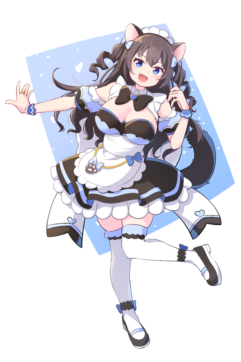 1girl animal_ears ankle_bow ankle_ribbon ankle_strap apron assault_lily black_bow black_bowtie black_dress black_hair black_shoes blue_background bow bowtie breasts cat_ears cat_girl cat_tail cleavage collared_dress commentary_request detached_sleeves dress drill_hair frilled_apron frilled_dress frills full_body hair_bow hands_up heart highres jewelry kemonomimi_mode large_breasts leg_ribbon leg_up long_hair maid maid_headdress morugen official_alternate_costume outstretched_arm puffy_detached_sleeves puffy_sleeves ribbon ring shoes short_sleeves sleeveless sleeveless_dress solo standing standing_on_one_leg tail thighhighs twin_drills two-tone_background two_side_up waist_apron wavy_hair white_apron white_background white_thighhighs wrist_cuffs yokota_haruna zettai_ryouiki