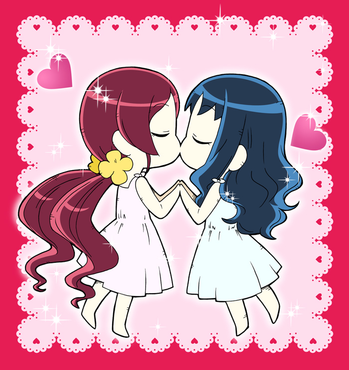 10s 2girls barefoot blue_hair chibi couple dress closed_eyes full_body hair_ornament hairpin hanasaki_tsubomi holding_hands heart heartcatch_precure! kiss kurumi_erika lace long_hair multiple_girls precure red_hair sparkle symmetry twintails two-tone_background white_dress yuri yuuma_(artist) yuuma_(skirthike)