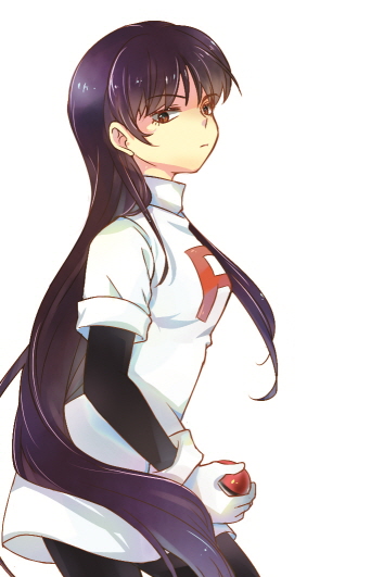 1girl bad_id bad_pixiv_id brown_eyes clothes_writing cosplay cowboy_shot female_focus gloves gym_leader holding holding_poke_ball long_hair nintendo pantyhose poke_ball pokemon pokemon_adventures pokemon_rgby purple_hair sabrina_(pokemon) simple_background skirt solo tachiuo_(arines) team_rocket very_long_hair white_gloves white_skirt