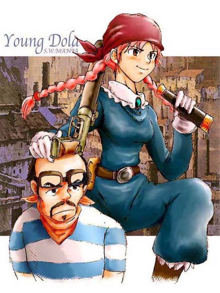 1boy 1girl aged_down artist_name bald bandana belt belt_buckle binoculars blush braid brooch buckle building character_name collar dola_(laputa) facial_hair frills goatee goggles gun hand_on_another&#039;s_head holding jewelry long_hair mania_street mustache outdoors pants pink_hair shirt smile striped studio_ghibli tenkuu_no_shiro_laputa weapon