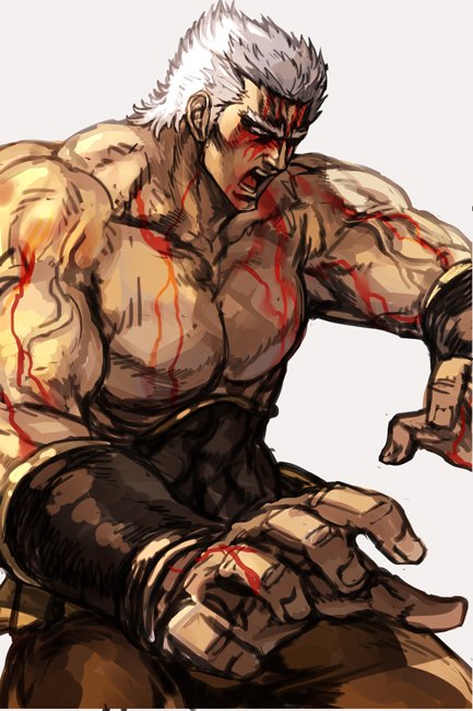 1boy blood blood_on_face bloody_tears bracer brown_pants cowboy_shot fighting_stance fingernails grey_background hokuto_no_ken hungry_clicker injury male_focus one_eye_closed open_mouth pants raoh_(hokuto_no_ken) topless_male silver_hair simple_background solo standing veins