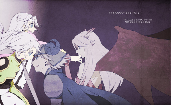 2boys 2girls armor bare_shoulders blue_eyes cape dio_(tales) dios_(tales) helmet mel_(tales) meltia_(tales) multiple_boys multiple_girls silver_hair tales_of_(series) tales_of_phantasia:_narikiri_dungeon tales_of_phantasia:_narikiri_dungeon_x wings