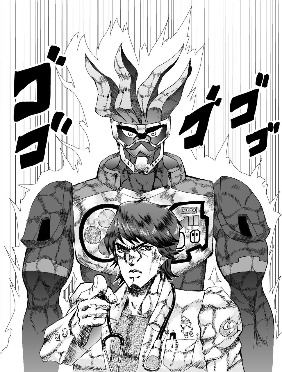 2boys armor aura coat crossover doctor greyscale highres houjou_emu jojo_no_kimyou_na_bouken jojo_pose kamen_rider kamen_rider_ex-aid kamen_rider_ex-aid_(series) lab_coat looking_at_viewer menacing_(jojo) monochrome multiple_boys muscular muscular_male pen short_hair shoulder_armor source_request spiked_hair stand_(jojo) stethoscope