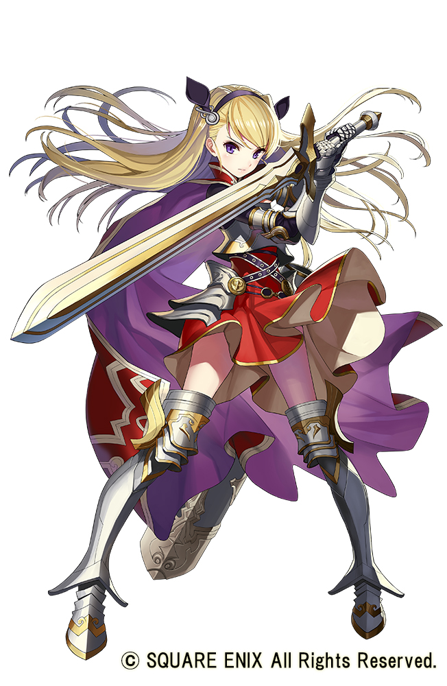 1girl armor armored_boots armored_gloves blonde_hair boots cape copyright_notice full_body gaou_(umaiyo_puyoman) grimms_notes holding holding_sword holding_weapon long_hair odessa_krail_(grimms_notes) official_art purple_eyes simple_background solo sword weapon white_background