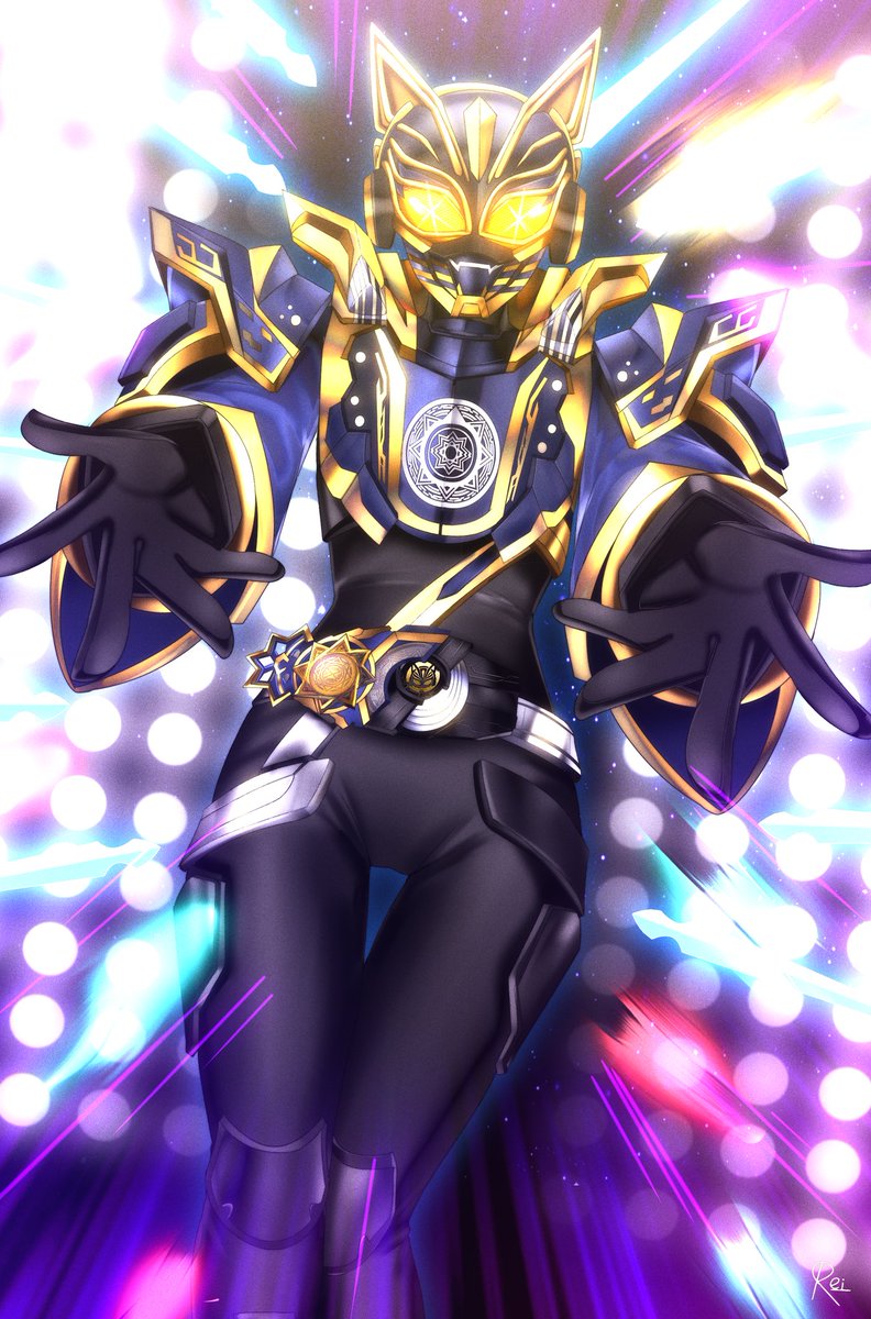1girl armor black_bodysuit black_gloves blue_armor blue_sleeves bodysuit commentary_request contrapposto rider_belt fangs fantasy_buckle fingernails foreshortening gloves glowing glowing_eyes gold_trim highres horns id_core incoming_attack kamen_rider kamen_rider_geats_(series) kamen_rider_na-go legs_together looking_at_viewer magic open_hands raise_buckle reiei_8 rider_belt stage stage_lights tokusatsu yellow_eyes