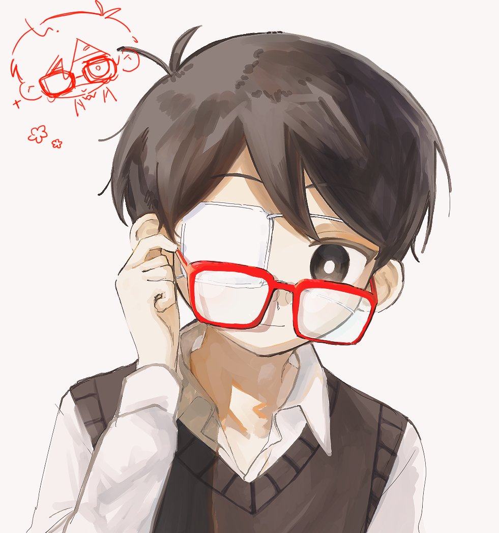 1boy adjusting_eyewear alternate_sleeve_length antenna_hair black_sweater_vest bright_pupils chibi closed_mouth collared_shirt eyepatch glasses long_sleeves male_focus omori red-framed_eyewear rou_(h_s_sinrin) shirt simple_background smile solo spoilers sunny_(omori) sweater_vest upper_body white_background white_pupils white_shirt