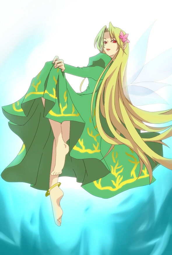 1girl anklet atlus bad_feet barefoot blonde_hair devil_summoner dress fairy_wings feet female_focus flower green_dress hair_flower hair_ornament jewelry kknoe long_hair megami_tensei persona pointy_ears red_eyes shin_megami_tensei solo titania_(megami_tensei) toes very_long_hair wings