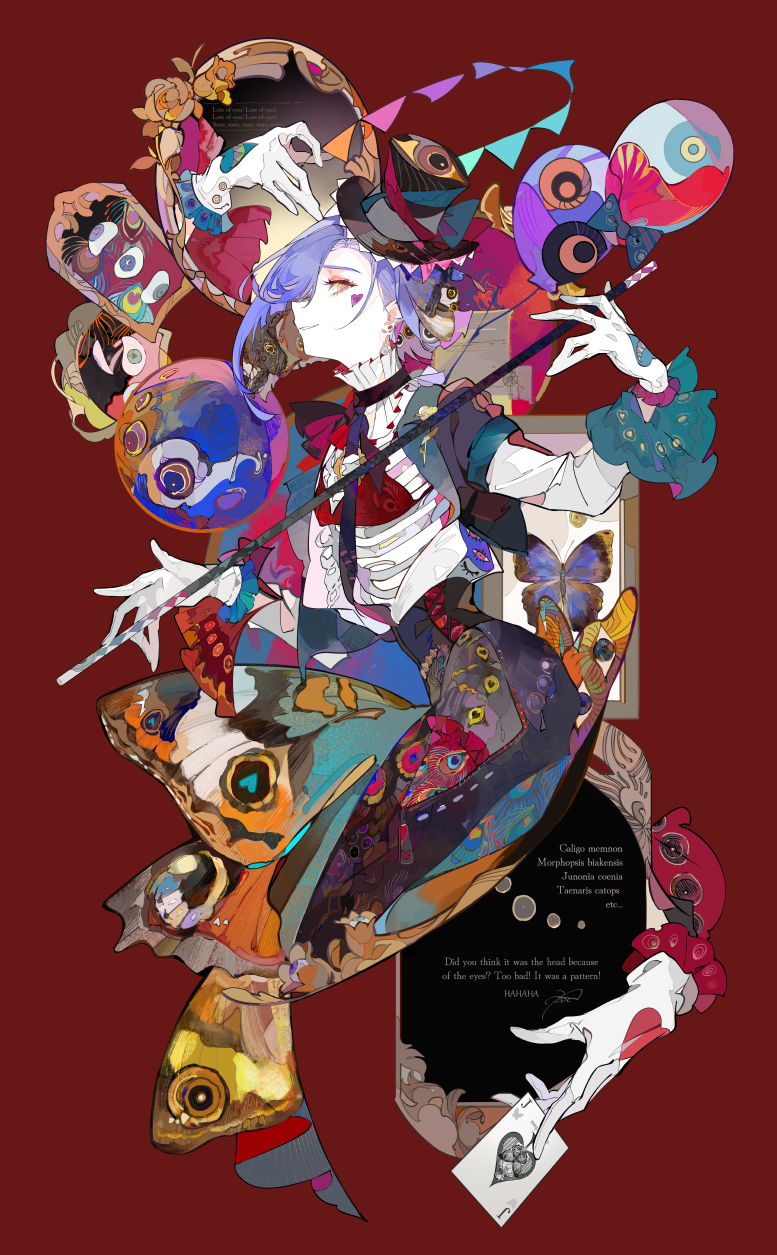 blue_hair cane card english_text ezu_(e104mjd) gloves hat highres holding holding_cane jack_(playing_card) jack_of_hearts multicolored_eyes original playing_card red_background solo top_hat two-tone_eyes white_gloves