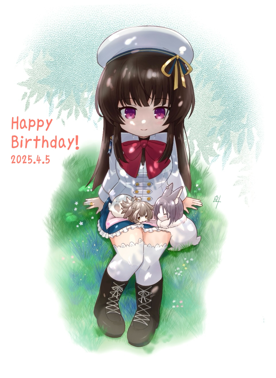 1girl :3 ^_^ ahoge animal animal_ear_piercing animal_on_lap animalization arms_at_sides artist_name assault_lily beret black_bow black_hair blue_skirt blunt_bangs blunt_ends blush boots bow bowtie breasts closed_eyes closed_mouth commentary dated floral_background flower frilled_sleeves frills grass grey_hair happy_birthday hat hat_ribbon herensuge_girls_academy_school_uniform highres inoguchi_minto jacket jewelry kagawa_makina knee_boots knees_together_feet_apart knees_up lace-up_boots long_hair long_sleeves looking_at_viewer medium_breasts miniskirt morimoto_yuni multicolored_hair navel on_grass on_ground on_lap pink_eyes pink_flower rabbit red_bow red_bowtie ribbon ring sasaki_ran school_uniform sidelocks sitting skirt smile streaked_hair thighhighs tree_shade white_background white_flower white_hat white_jacket white_thighhighs yellow_eyes yellow_flower yellow_ribbon zettai_ryouiki