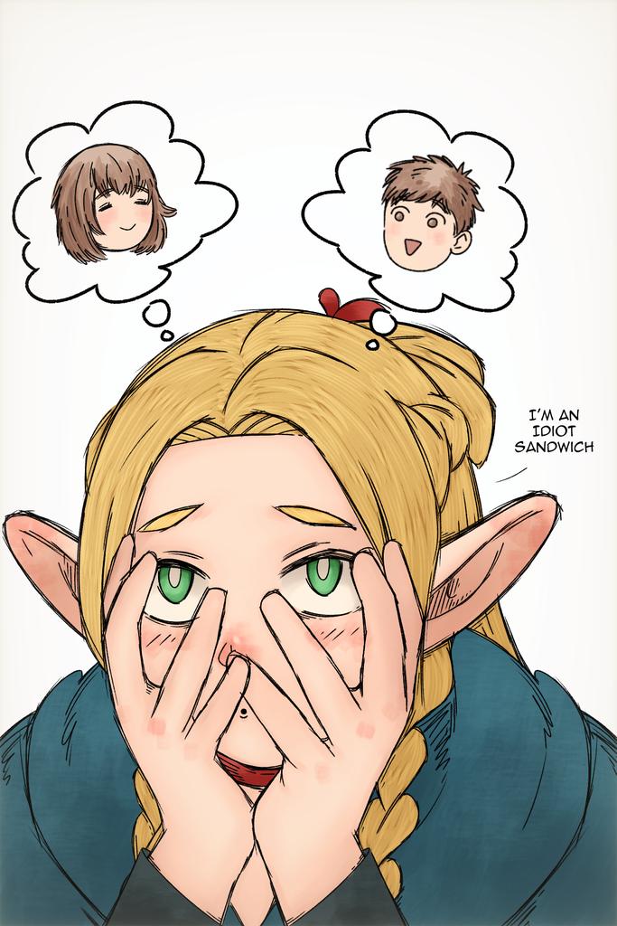 1boy 2girls basedlida blonde_hair braid brown_eyes brown_hair commentary dungeon_meshi english_text falin_touden green_eyes laios_touden low_twin_braids marcille_donato multiple_girls open_mouth pointy_ears ponytail portrait smile speech_bubble thought_bubble triangle_mouth twin_braids