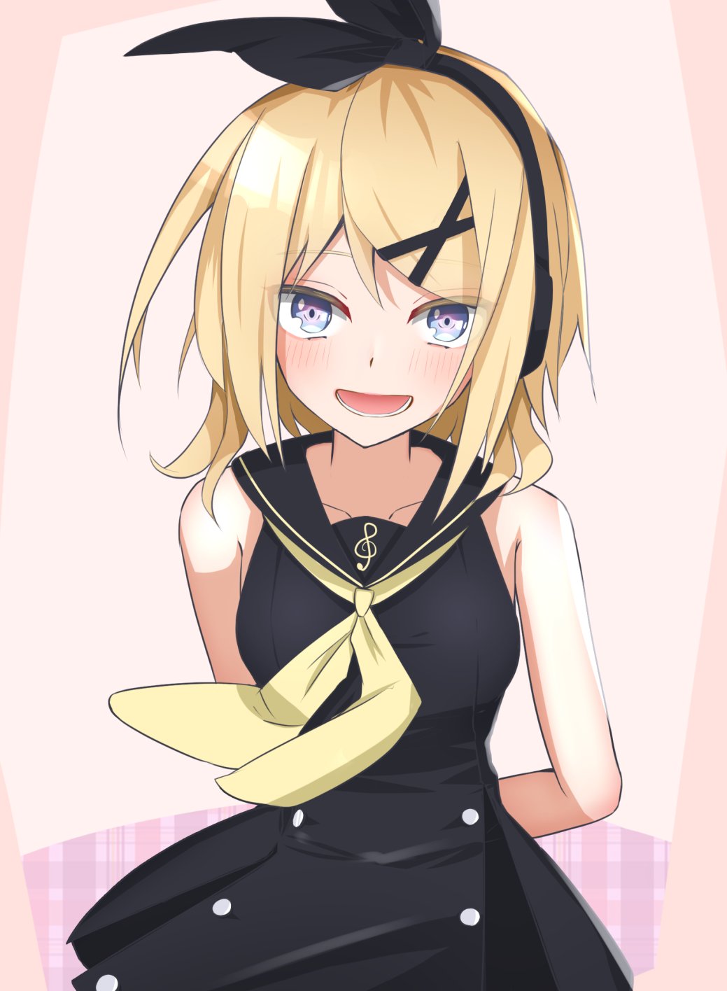1girl arms_behind_back bare_shoulders black_bow black_dress blonde_hair blue_eyes bow collarbone commentary dress female_focus hair_bow hair_ornament hairclip headphones highres kagamine_rin looking_at_viewer neckerchief open_mouth pink_background short_hair sleeveless sleeveless_dress smile solo sour_model_(mikumikudance) swept_bangs thinker25075754 treble_clef upper_body vocaloid yellow_neckerchief