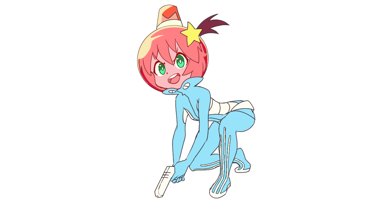 blue_eyes blue_suit emiladylbekuulu formal_clothes gun hair_ornament helmet holding holding_gun holding_weapon luluco non-web_source pink_helmet ponytail star_(symbol) star_hair_ornament studio_trigger suit trigger_(company) uchuu_patrol_luluco weapon