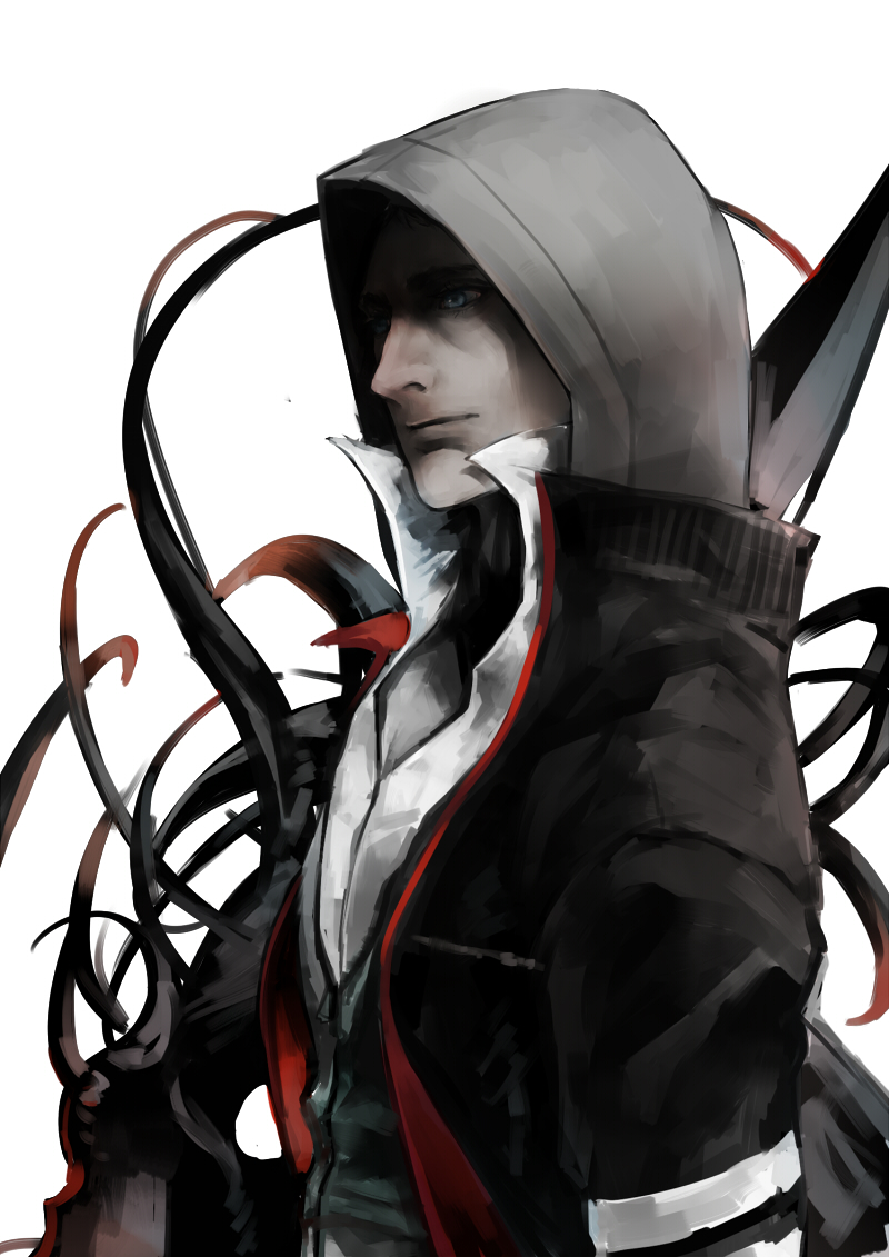 1boy alex_mercer arm_blade black_jacket brown_hoodie closed_mouth hood hood_up hoodie jacket male_focus mugen_stemcell open_clothes open_jacket prototype_(game) upper_body weapon zipper zipper_pull_tab